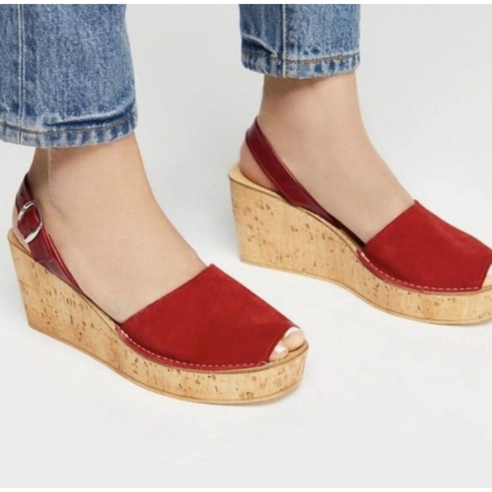 Free People Clogs Red Suede Sling-back Cork Wedge peep-toe Sandals 40